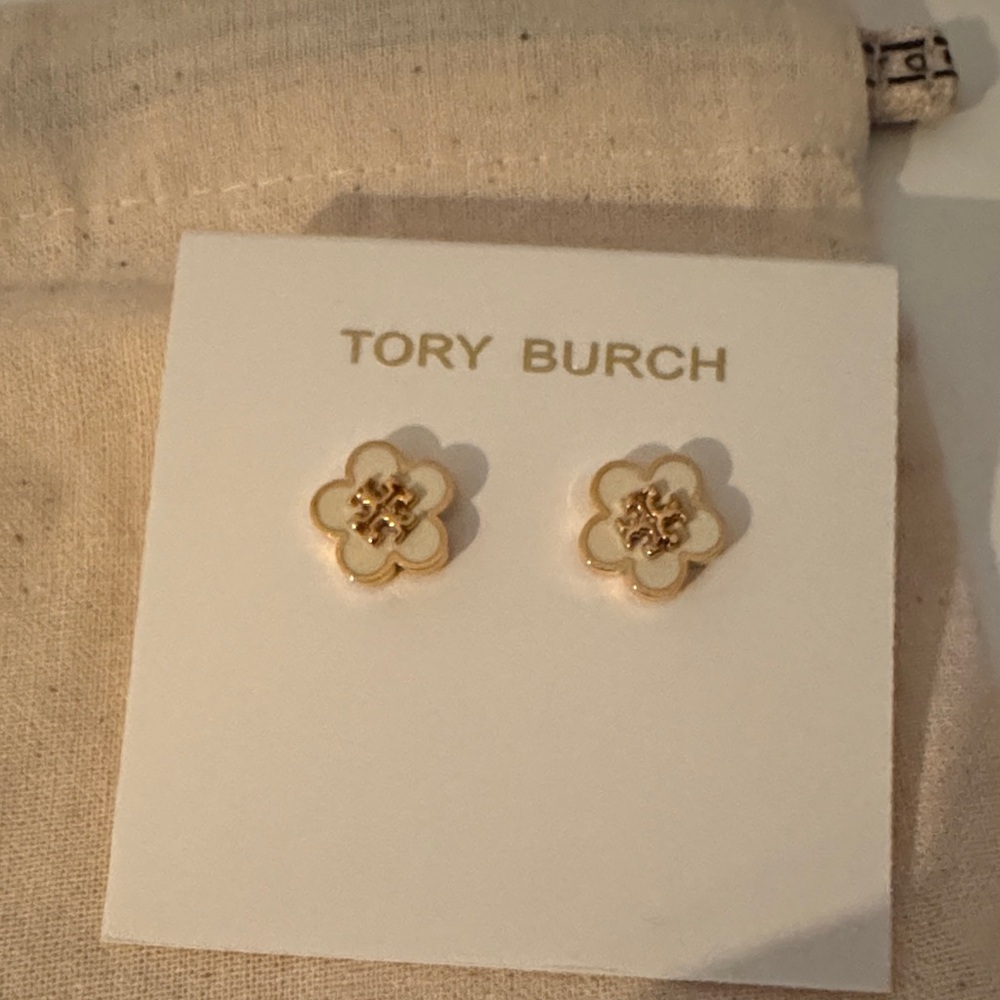 Tory Burch Gold and White Floral Stud Earrings